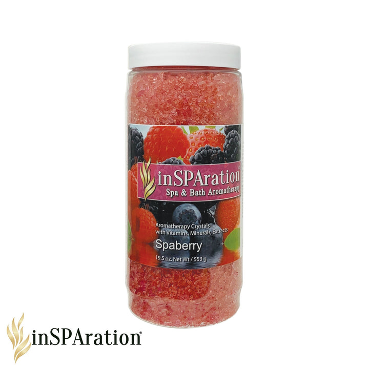 Insparation Inc Spaberry aromatherapy crystals in a clear plastic jar with a white lid and visible red crystals inside