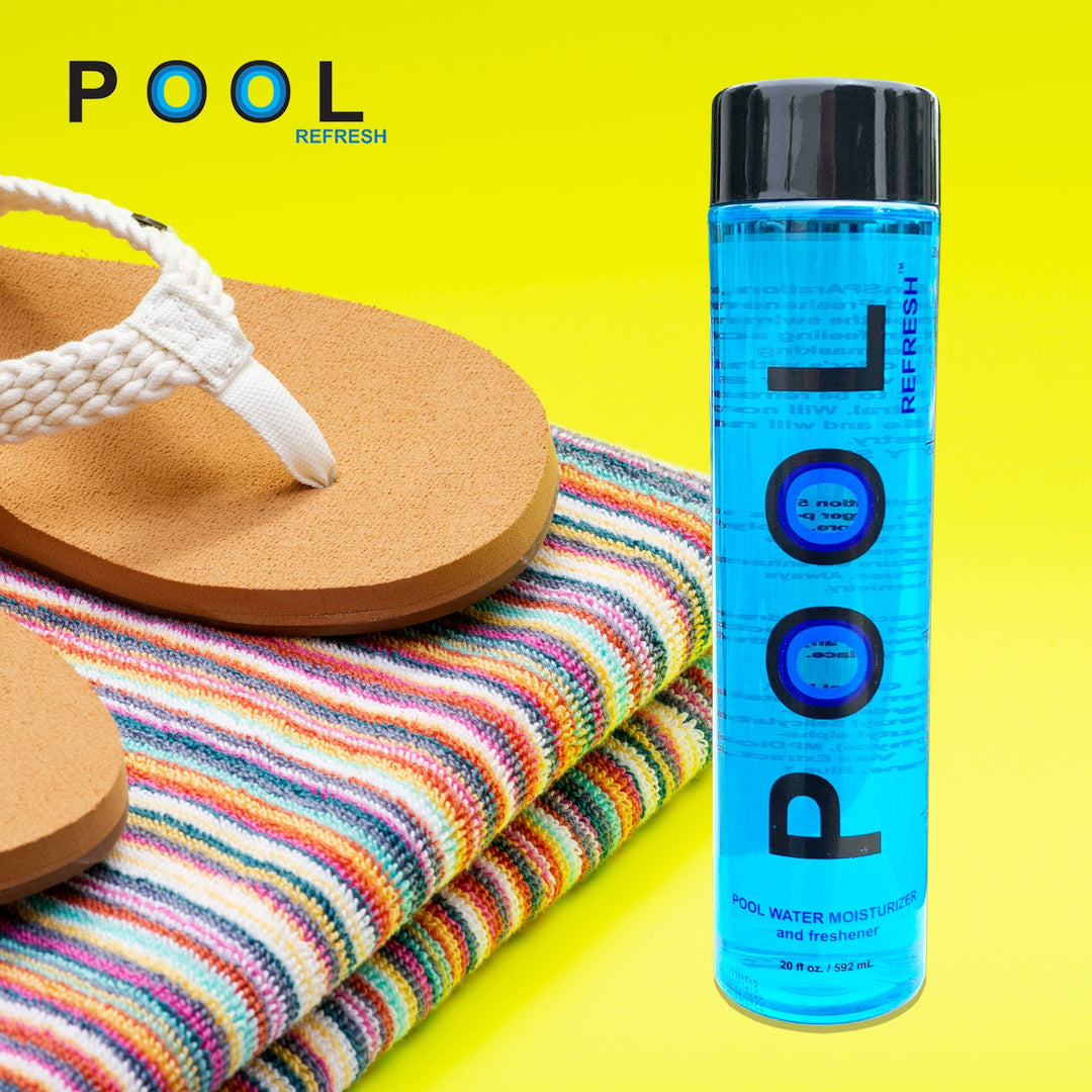 Bottle of Pool Refresh weekly water moisturizer and freshener by Insparation Inc with bright blue liquid on a vibrant yellow background next to colorful striped fabric and tan braided flip flop