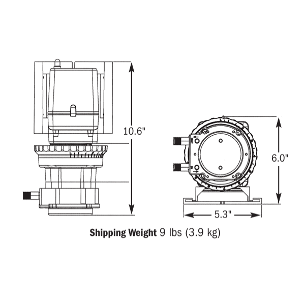 technical drawing of a peristaltic pump showing front and side views with dimensions and weight details