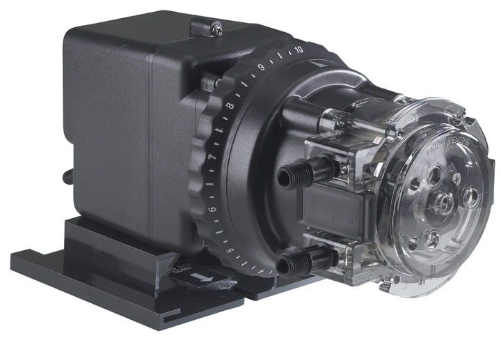 black adjustable peristaltic pump with clear front cover and two black tube connectors mounted on black base