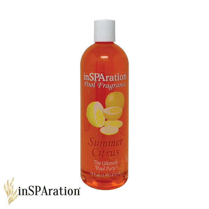 Insparation Inc Pool Aromatherapy Fragrance 16oz in tall clear bottle with white cap and orange liquid featuring summer citrus label with lemon graphics