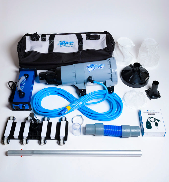 The Pro Bundle with VacDaddy 2.0, Vacuum to Waste Kit, Shallow Water Adapter, 28" Aluminum Adapter Pole, Carry Bag, Gunite Vac Head (with Rigid Handle), and Remote On/Off Switch