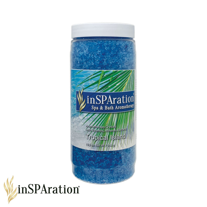 Insparation Inc Original Aromatherapy Crystals in a clear plastic jar with blue crystals and a white lid featuring tropical island label with palm leaves