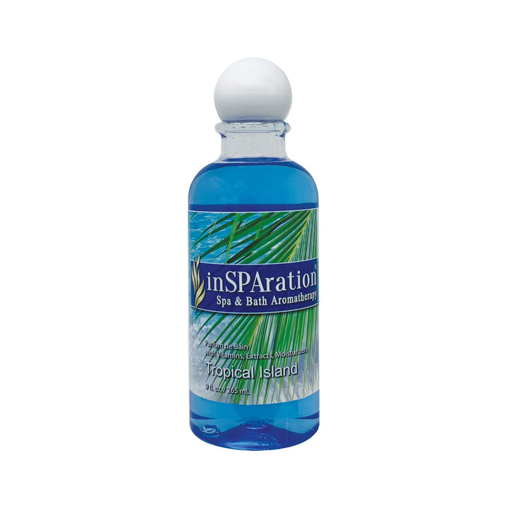 insparation inc inSPAration 9oz oil-free aromatherapy liquid in clear bottle with blue liquid and tropical island label with green palm leaves