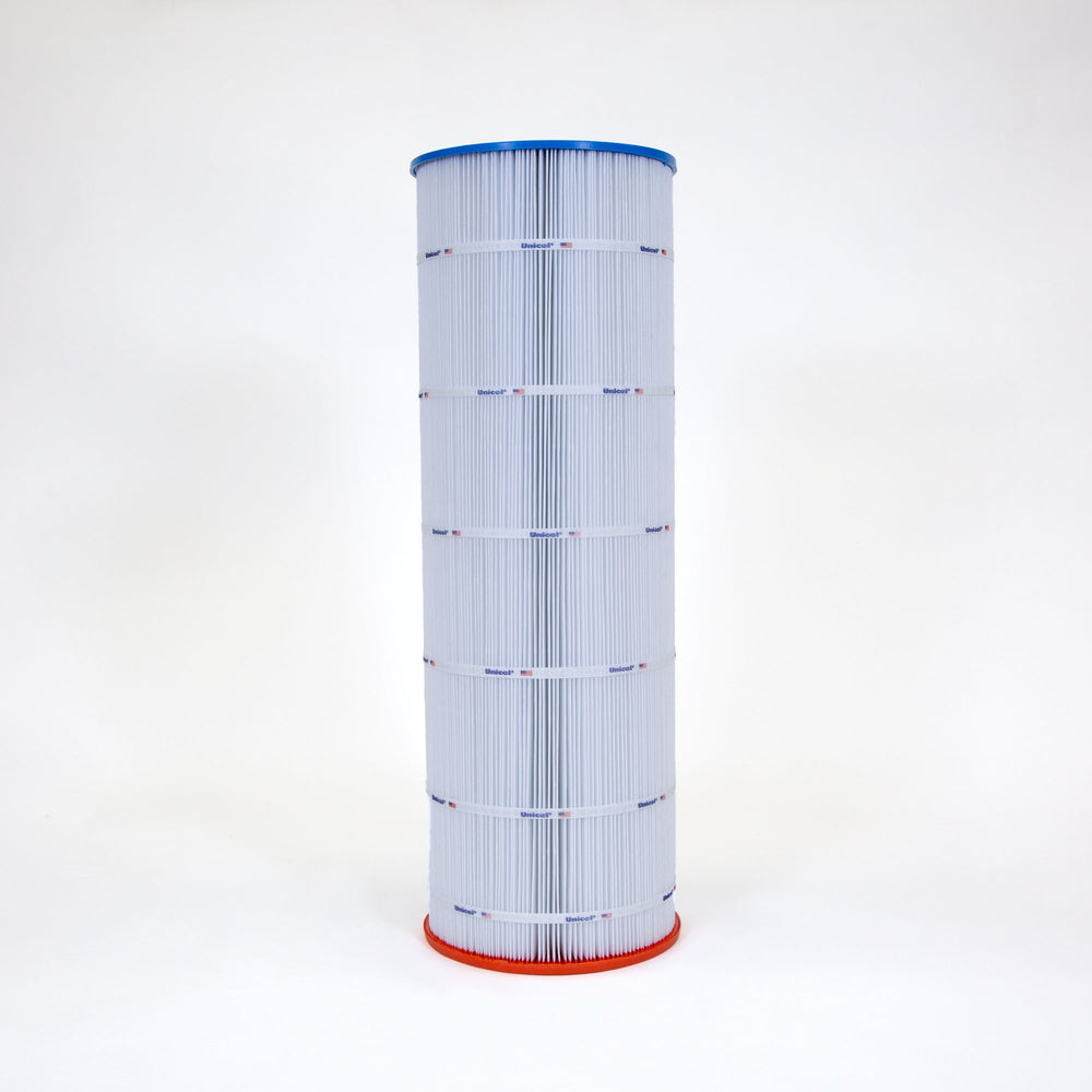 Tall cylindrical pool filter cartridge with tightly pleated white filter material and blue top with orange bottom edges