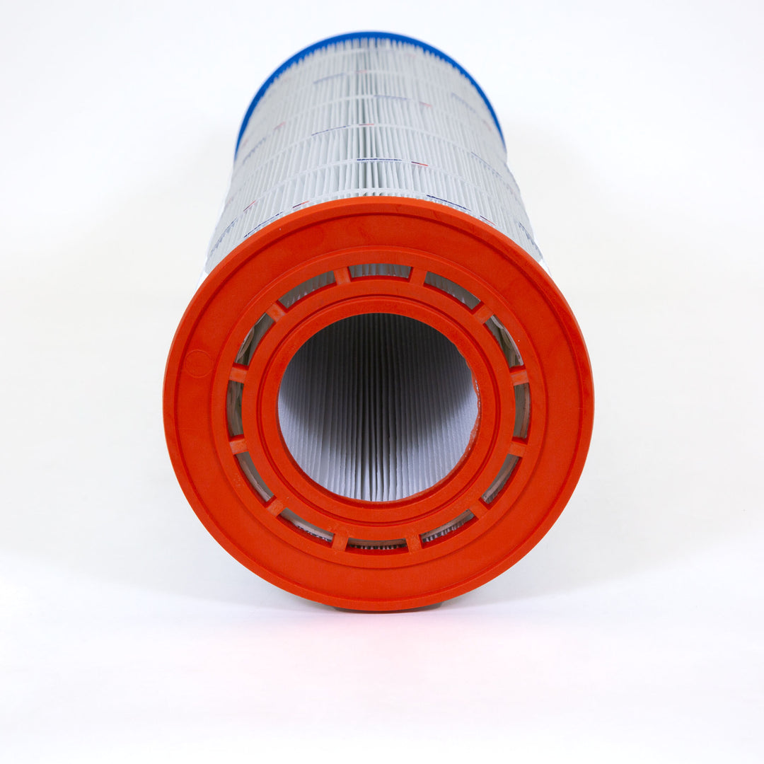 cylindrical pool filter cartridge with a red center rim and white pleated filter material