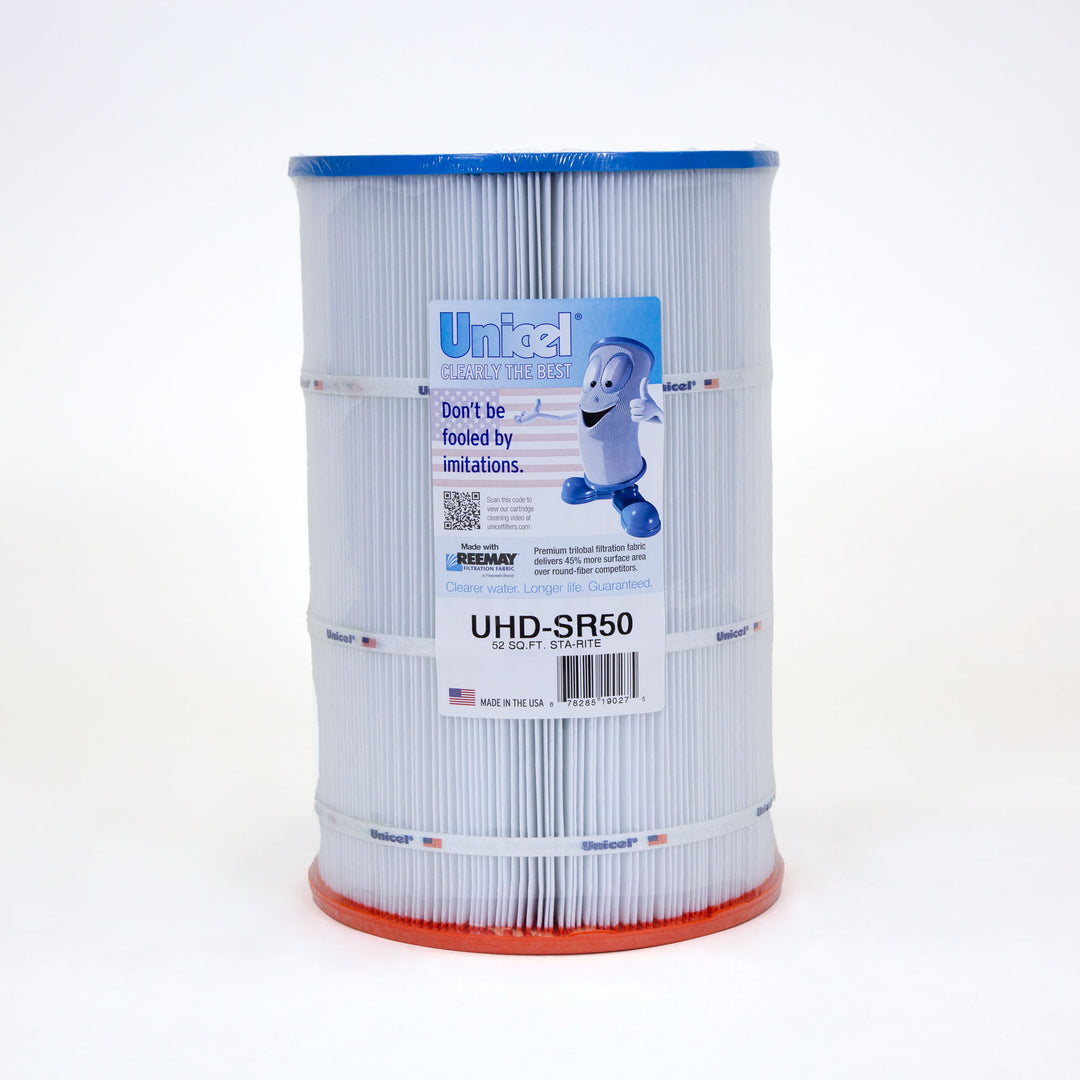 Cylindrical pleated white pool filter cartridge with blue top and orange bottom edges and product label on front
