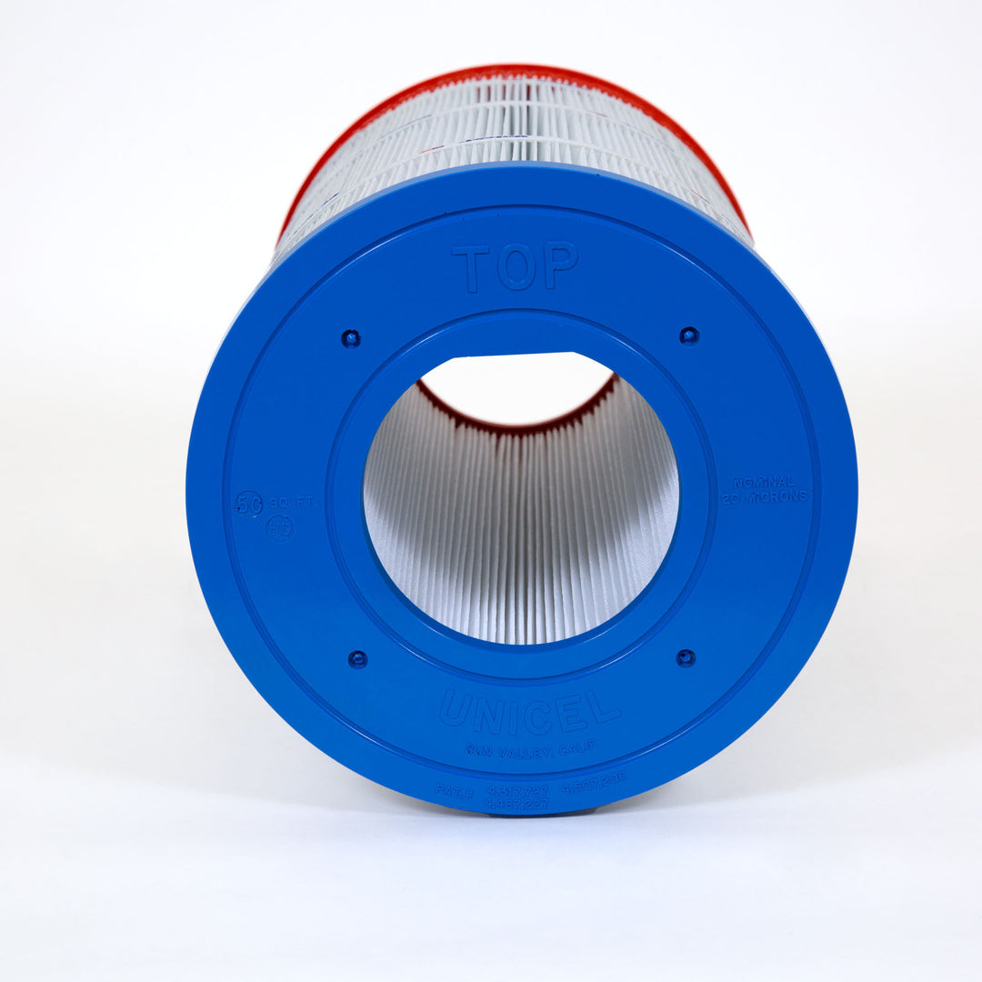 Cylindrical pool filter cartridge with blue plastic top and white pleated filter material inside