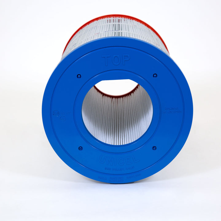 Cylindrical pool filter cartridge with blue plastic top and white pleated filter material inside