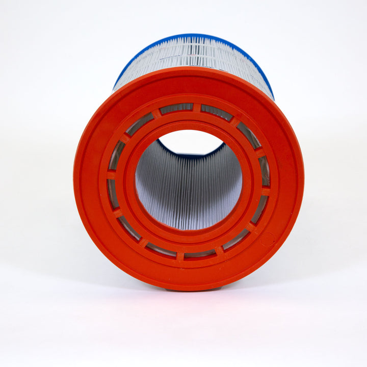 cylindrical replacement filter cartridge with pleated white filtering material and bright orange plastic end cap