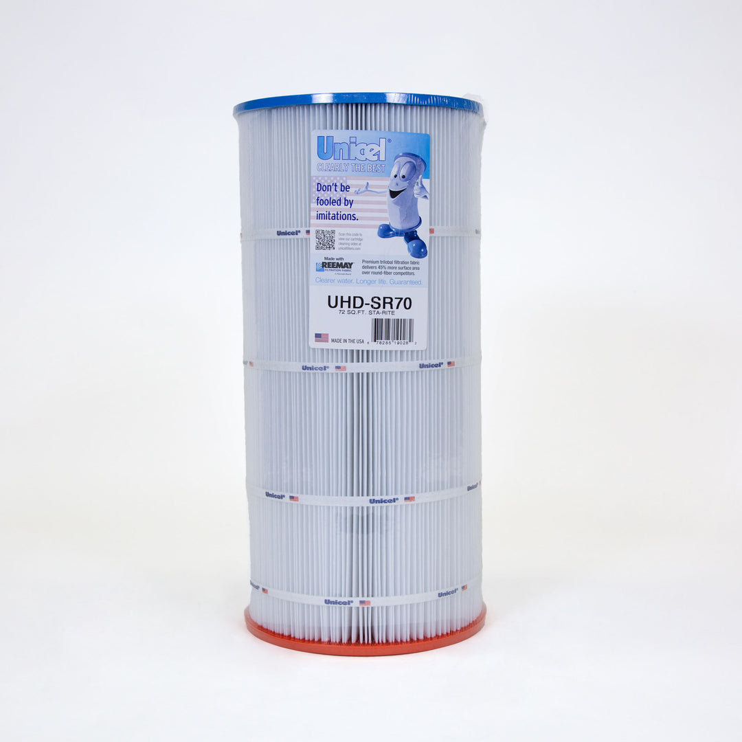 Tall cylindrical pool filter cartridge with pleated white fabric and blue top and orange bottom edges