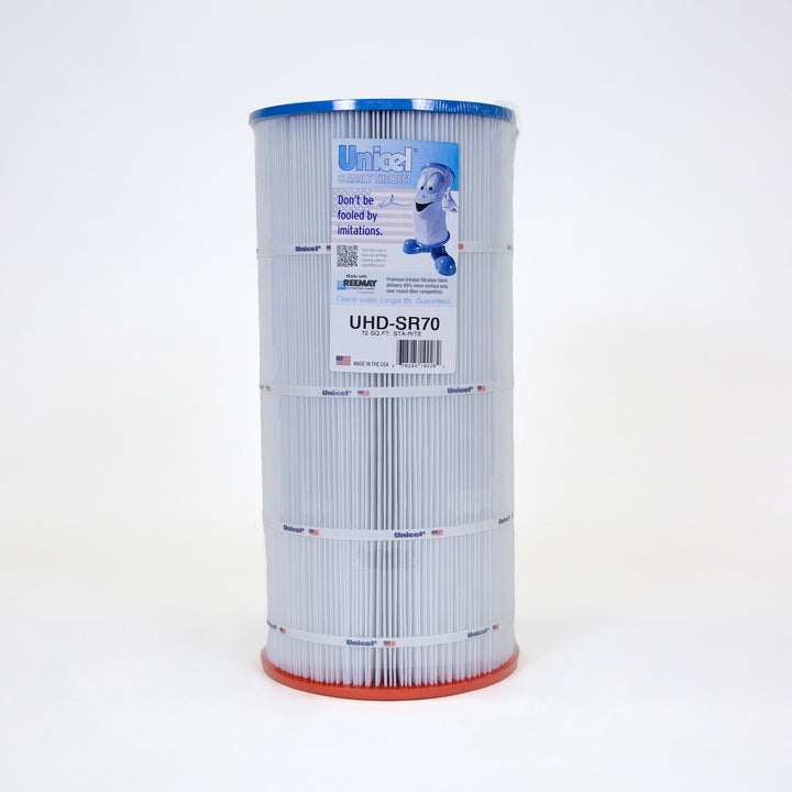 Tall cylindrical pool filter cartridge with pleated white fabric and blue top and orange bottom edges