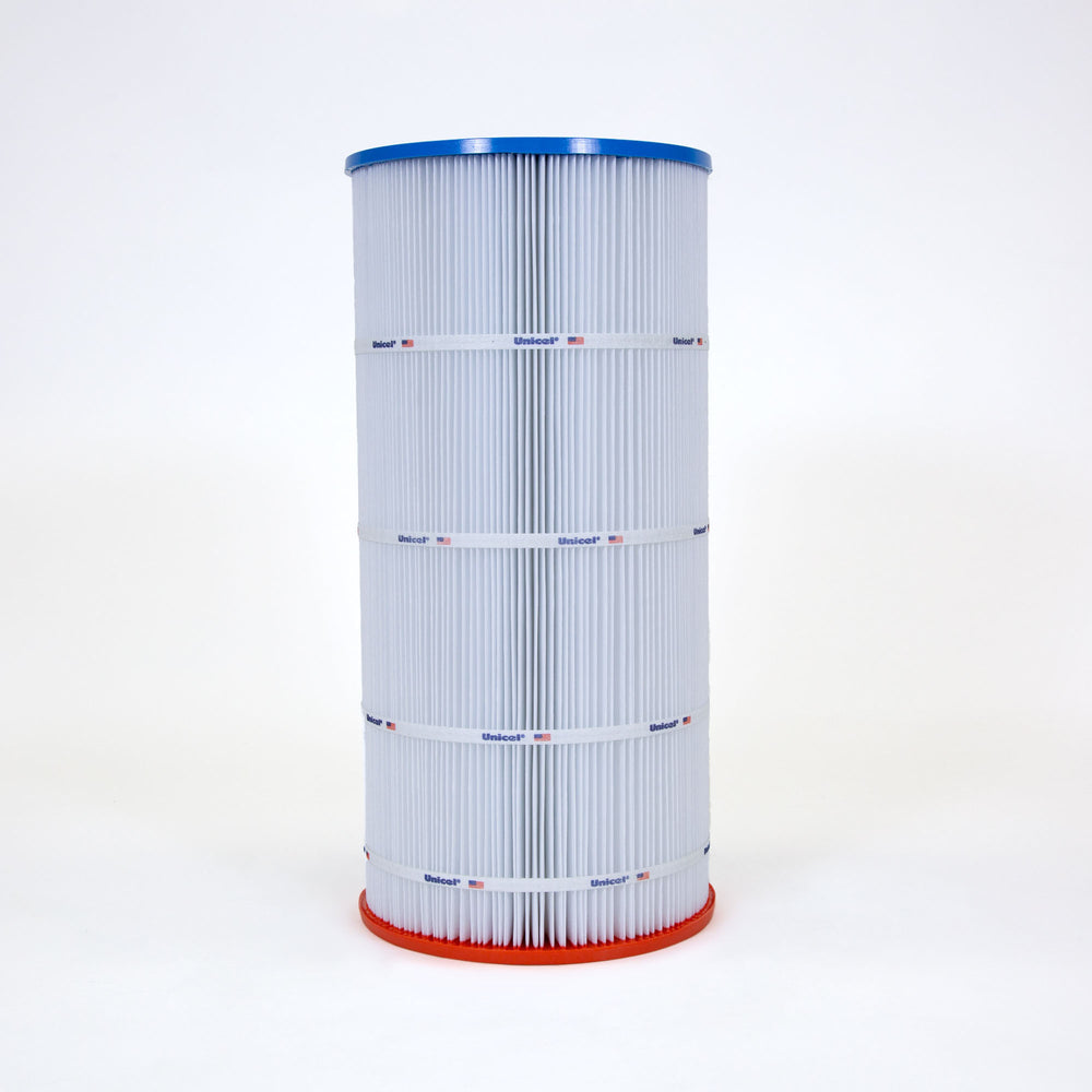 Tall cylindrical pool filter cartridge with white pleated material suspended between a blue top rim and an orange bottom rim