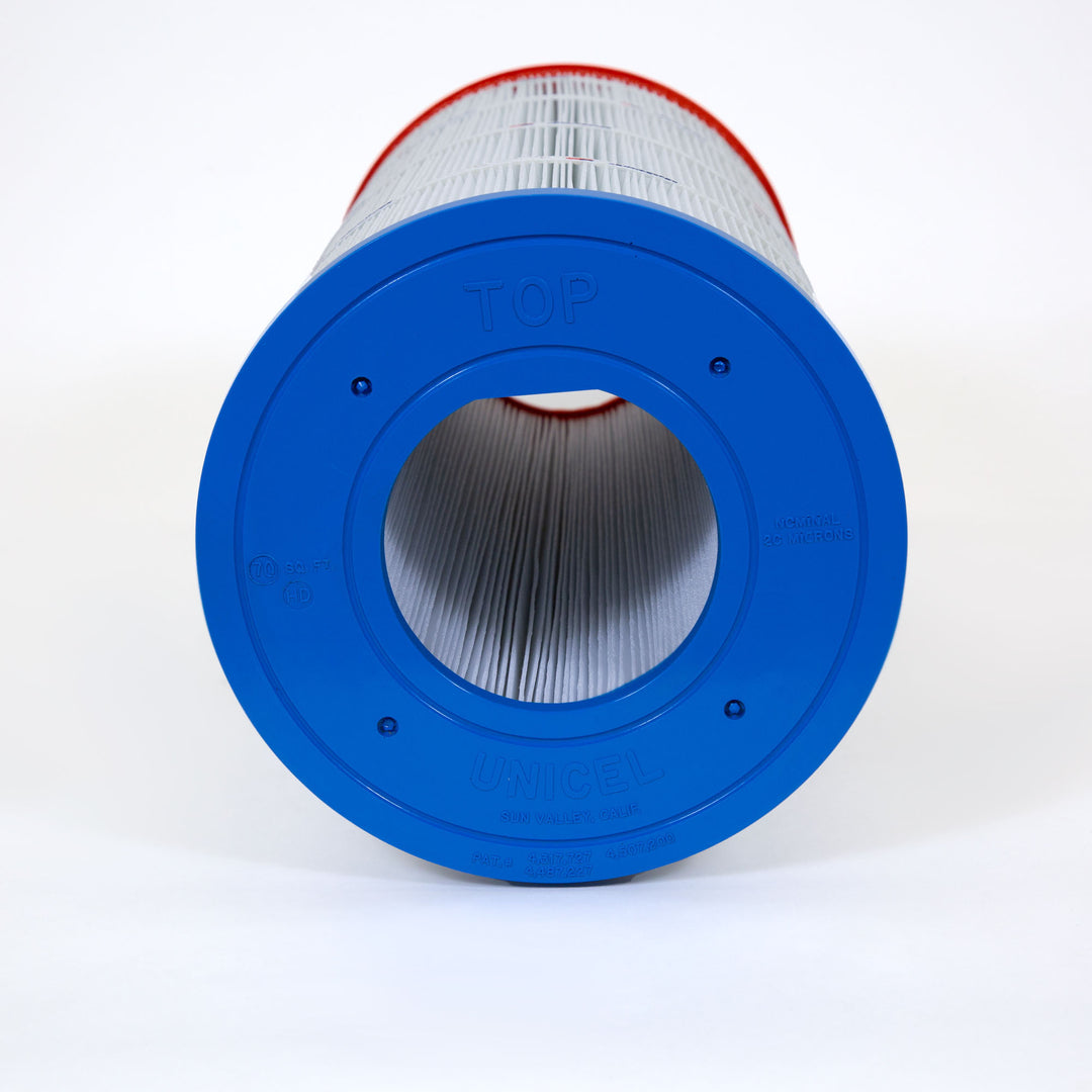 cylindrical pool filter cartridge with pleated white material and blue top plastic end cap marked Unicel