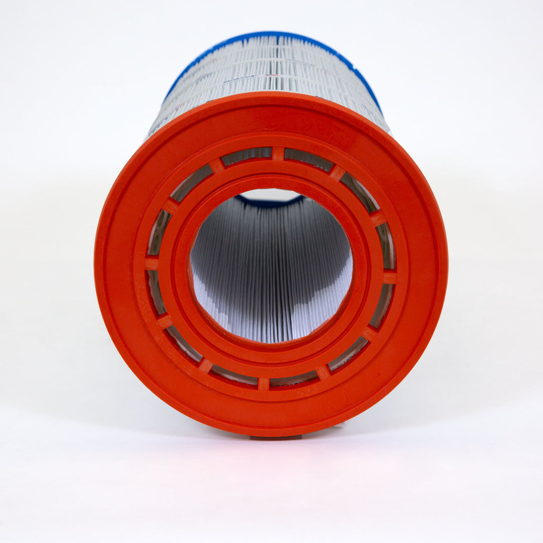 cylindrical pool filter cartridge with bright orange end cap and pleated white filtering material inside