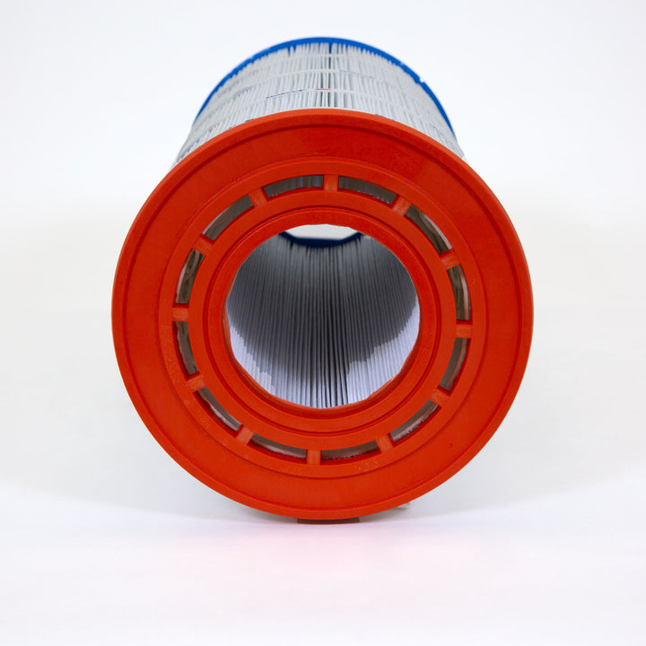 cylindrical pool filter cartridge with bright orange end cap and pleated white filtering material inside
