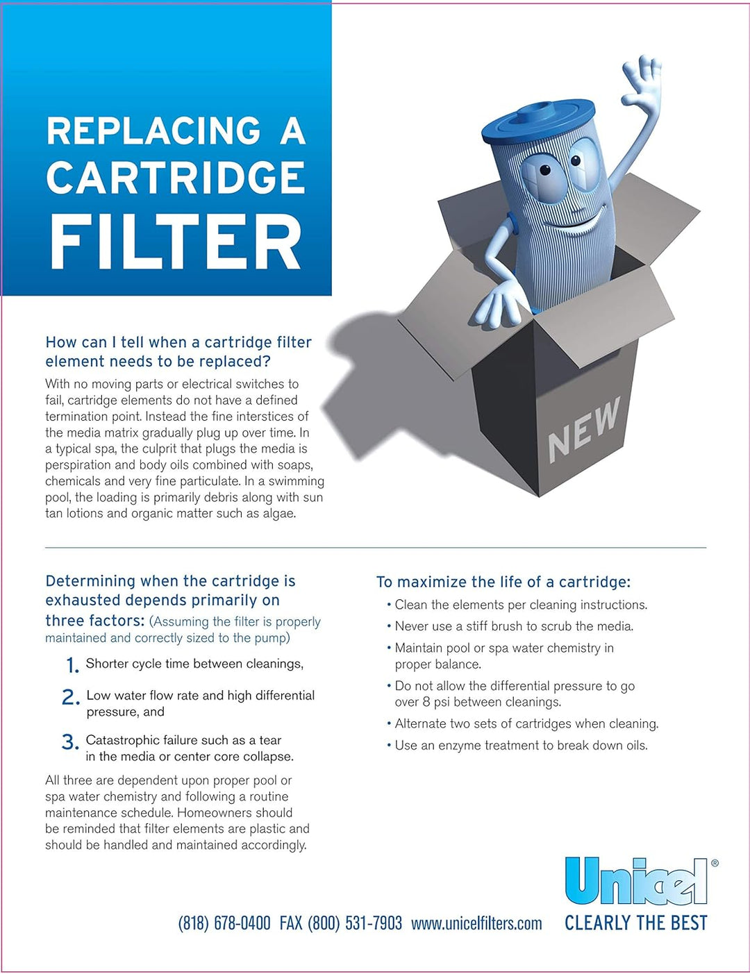 A blue cartridge filter character with arms and eyes waving from inside a gray box labeled new, next to text about replacing cartridge filters