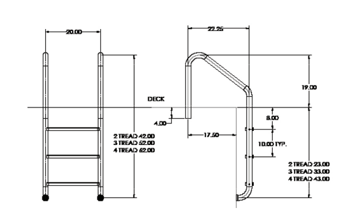 technical drawing of a 24-inch pool ladder with three stainless steel steps and detailed dimensions from front and side views