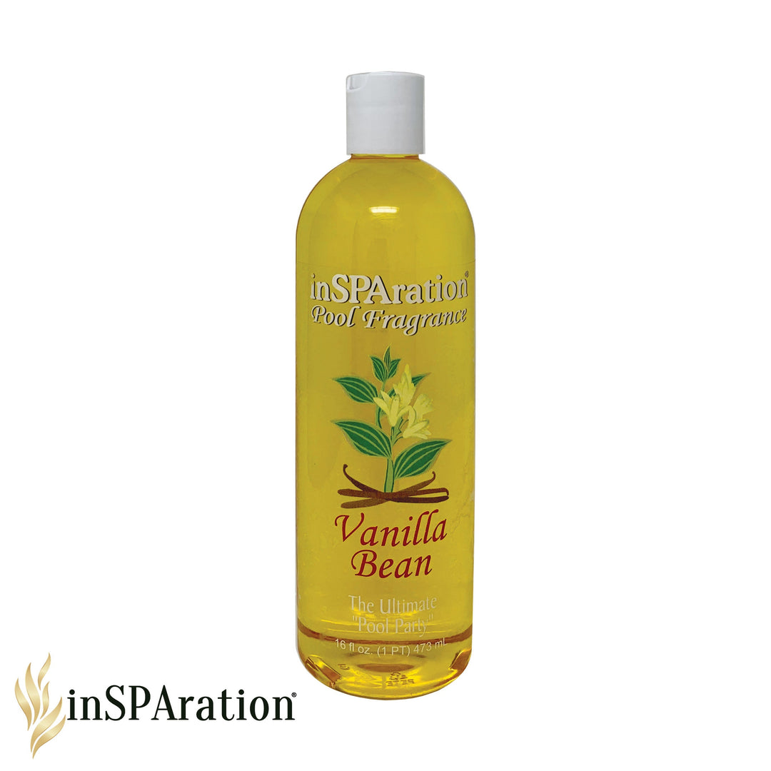 Insparation Inc pool aromatherapy fragrance in a clear 16oz cylindrical bottle with yellow liquid and vanilla bean label