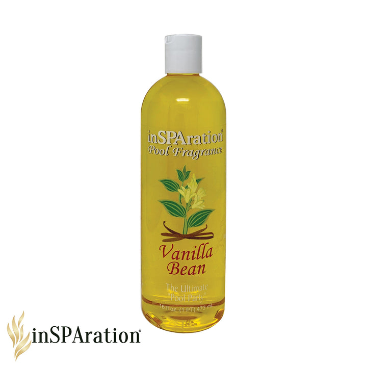 Insparation Inc pool aromatherapy fragrance in a clear 16oz cylindrical bottle with yellow liquid and vanilla bean label