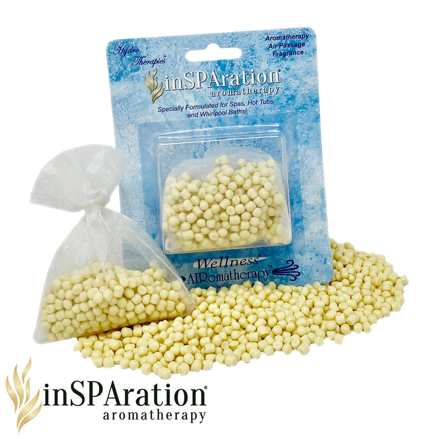 Insparation Inc AirRomatherapy Air Bead Singles in blue blister pack with small cream-colored beads spilled and in a sheer pouch