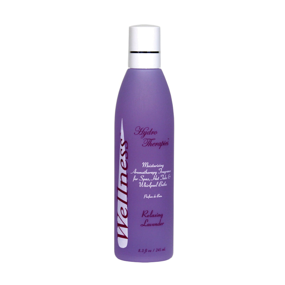 Wellness 8oz lavender aromatherapy liquid in a tall purple bottle with white cap and printed label text