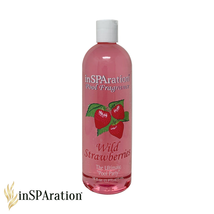 Insparation Inc pool aromatherapy fragrance bottle in pink with white flip cap and wild strawberries label design
