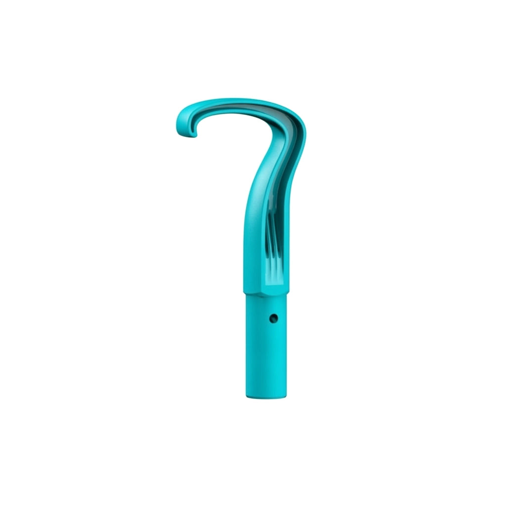 Teal plastic Aiper Retrieval Hook with curved handle and pole attachment socket, shown against a dark background.