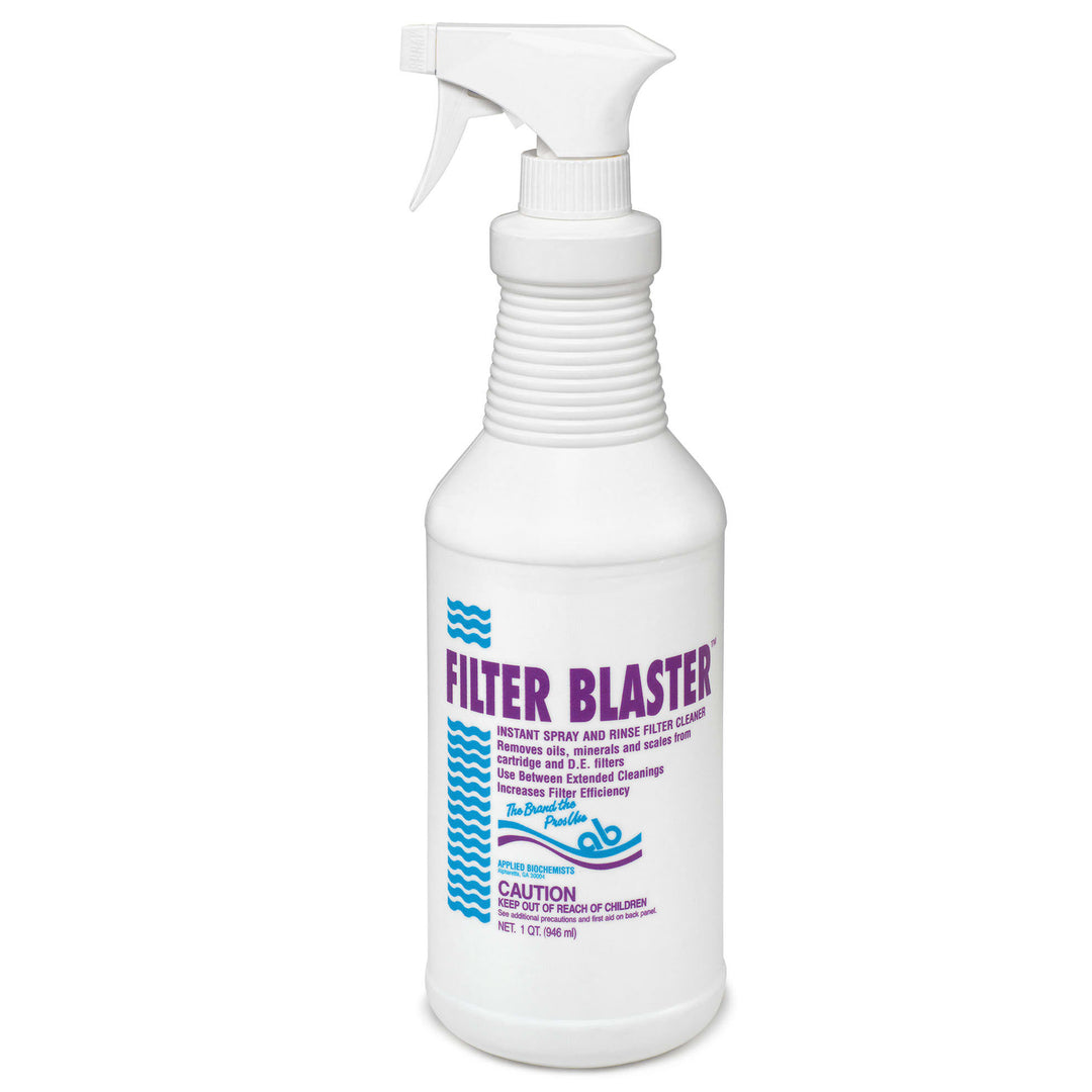 white spray bottle with trigger on top labeled filter blaster for cleaning cartridge and DE filters with purple and blue text and graphics