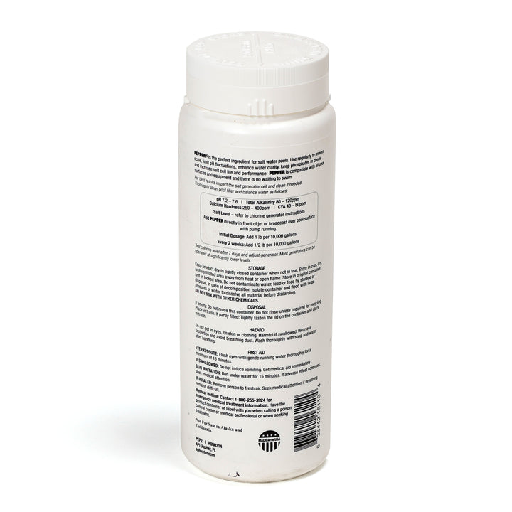 white 2 lb plastic bottle of Pepper salt water pool maintenance chemical balancer with black text and barcode on label