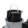 close-up of a black plastic pump strainer basket with a white handle inside a gray pump housing showing circular perforations and attachment points