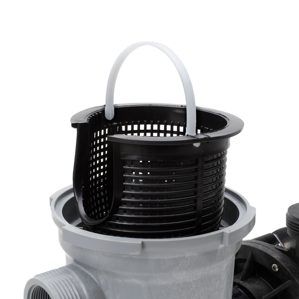 close-up of a black plastic pump strainer basket with a white handle inside a gray pump housing showing circular perforations and attachment points