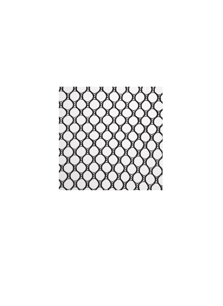 Close-up view of a black plastic mesh net with diamond-shaped pattern on white background