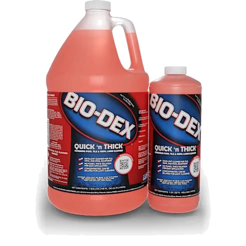 Two bottles of Bio-Dex Quick 'N Thick Tile Cleaner with red liquid inside and blue labels with white and red text