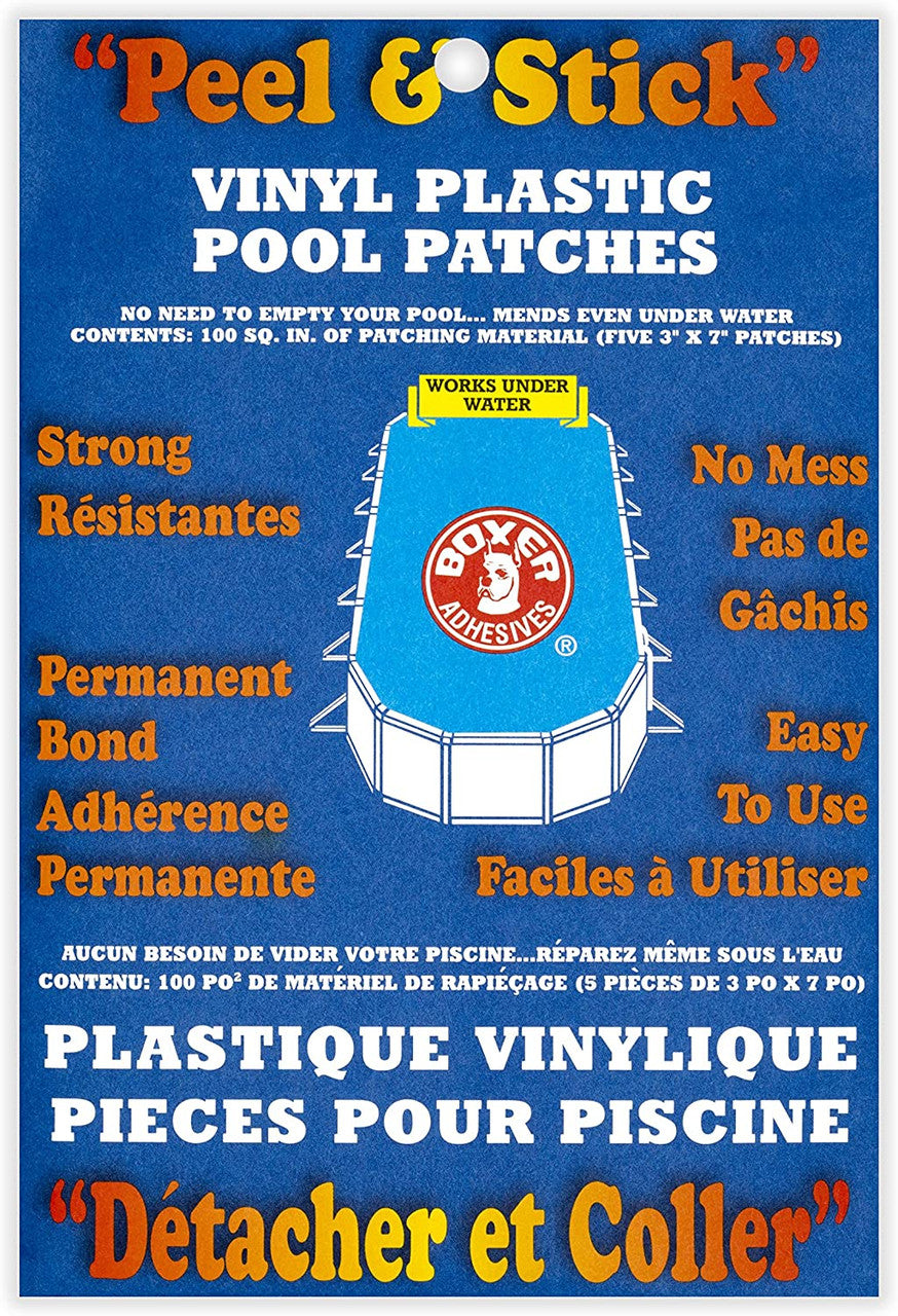 Blue packaging card featuring information about peel and stick vinyl plastic pool patches with white and orange text and a circular red and white Boxer Adhesives logo