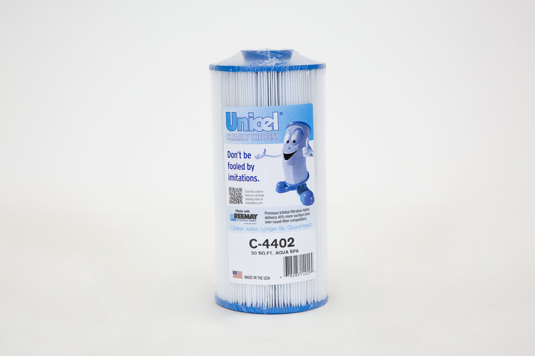 Tall cylindrical replacement filter cartridge with blue ends and pleated white filtration material, standing upright on a white background