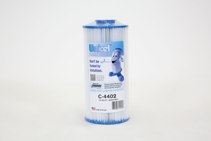 Tall cylindrical replacement filter cartridge with blue ends and pleated white filtration material, standing upright on a white background