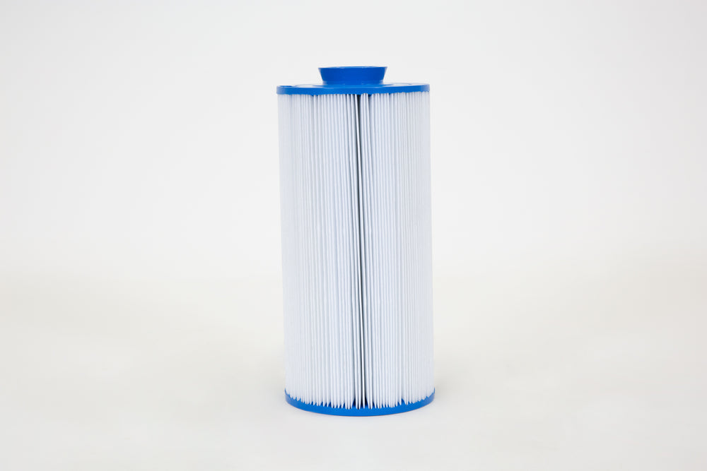 Tall cylindrical replacement filter cartridge with white pleated material and blue plastic end caps on a plain white background