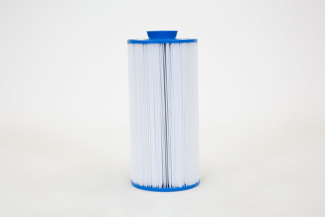 Tall cylindrical replacement filter cartridge with white pleated material and blue plastic end caps on a plain white background