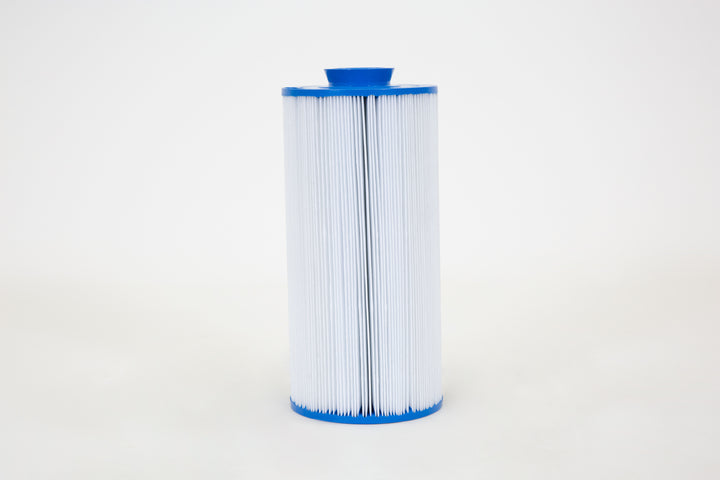 Tall cylindrical replacement filter cartridge with white pleated material and blue plastic end caps on a plain white background