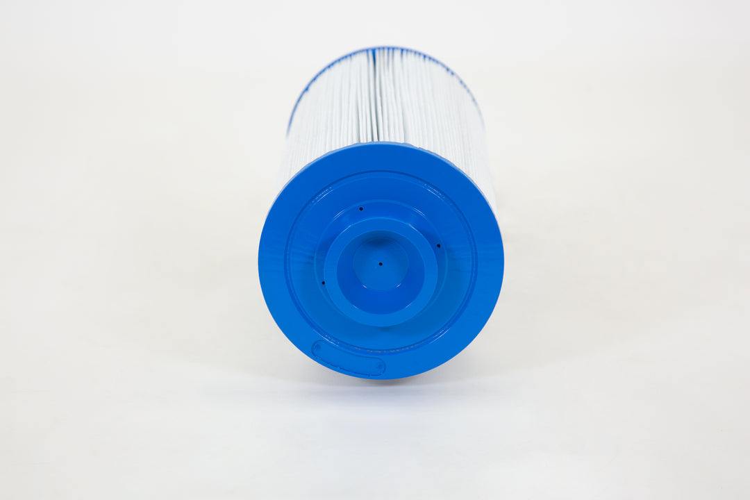 Cylindrical replacement pool filter cartridge with blue plastic ends and white pleated filtering material