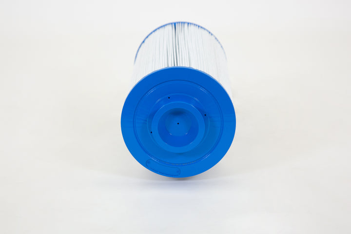Cylindrical replacement pool filter cartridge with blue plastic ends and white pleated filtering material