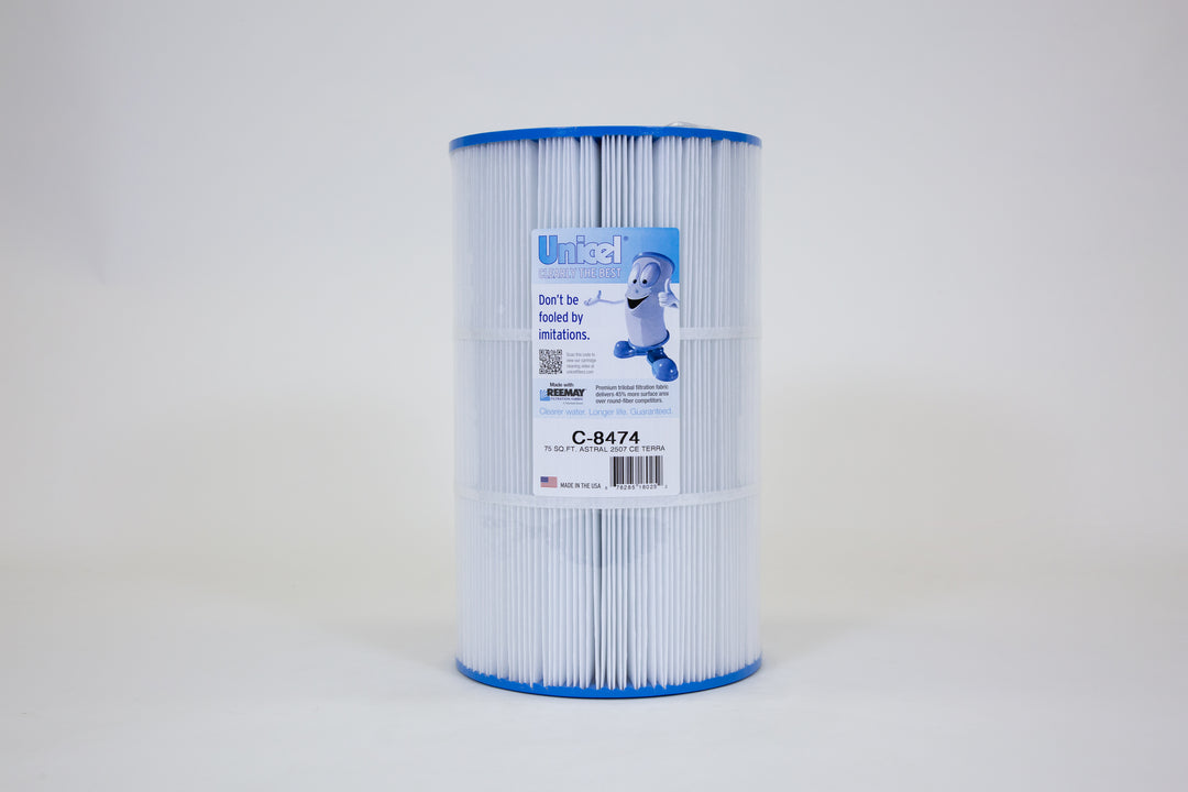 cylindrical white pool filter cartridge with blue top and bottom edges and a label with product details and mascot