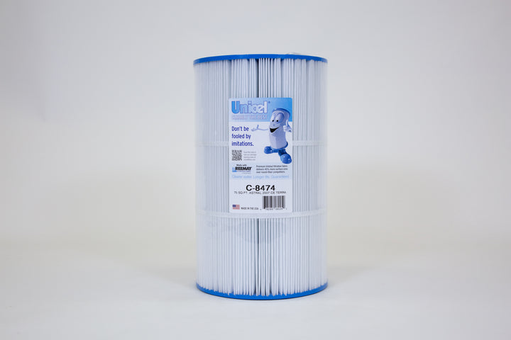 cylindrical white pool filter cartridge with blue top and bottom edges and a label with product details and mascot
