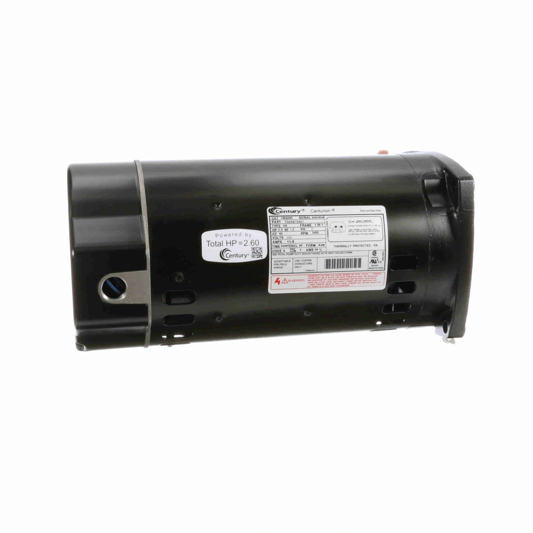 black cylindrical electric motor with labels and ventilation slots shown from the side on white background