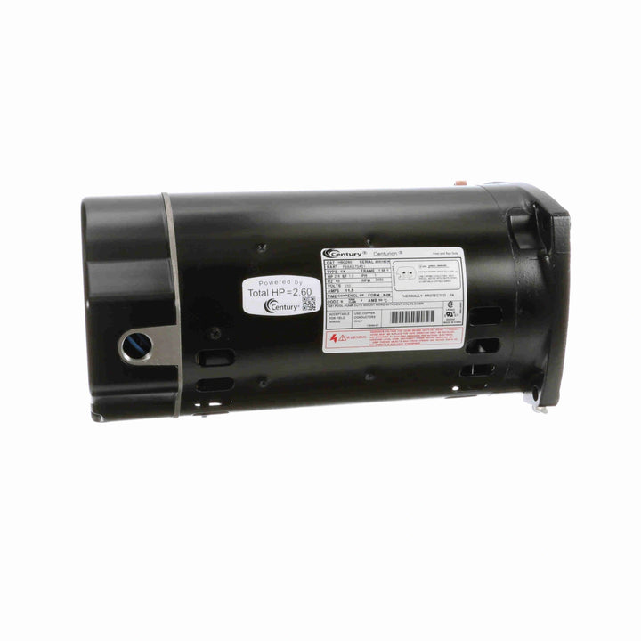 black cylindrical electric motor with labels and ventilation slots shown from the side on white background