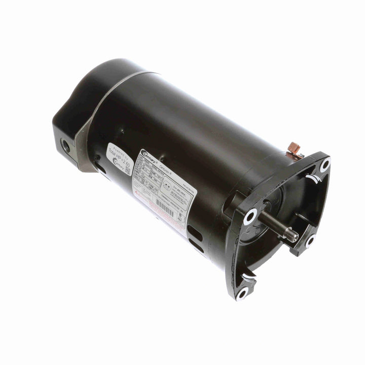 Black cylindrical electric motor with mounting flange and a labeled specification sticker on the side