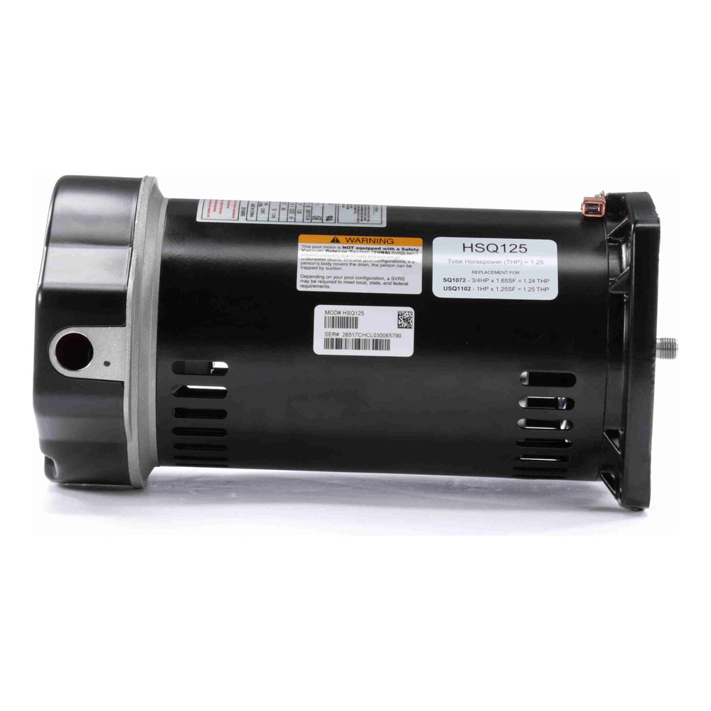 black cylindrical Century Centurion pool pump motor with square flange and warning label against white background