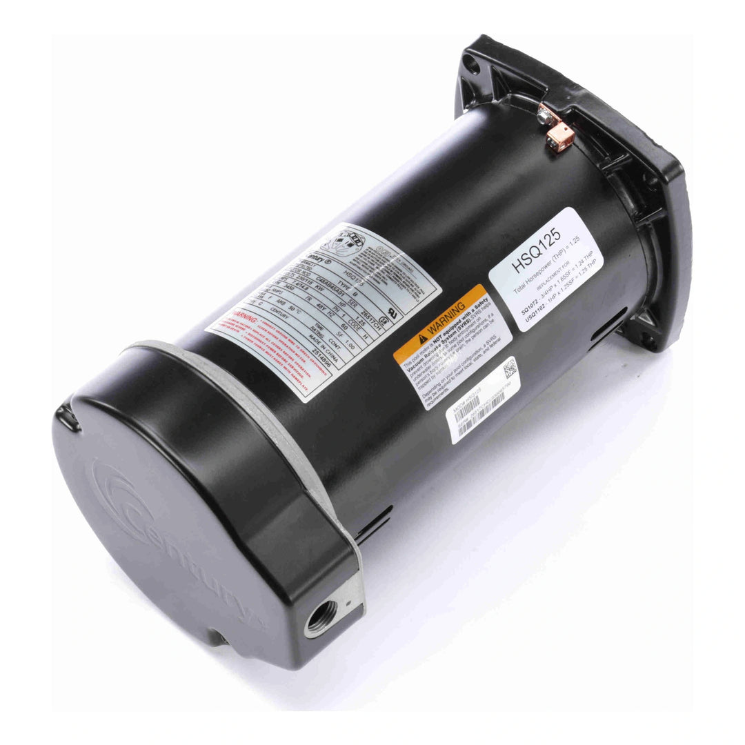 black cylindrical pool pump motor with square flange mounting and attached metal strap with multiple warning and specification labels