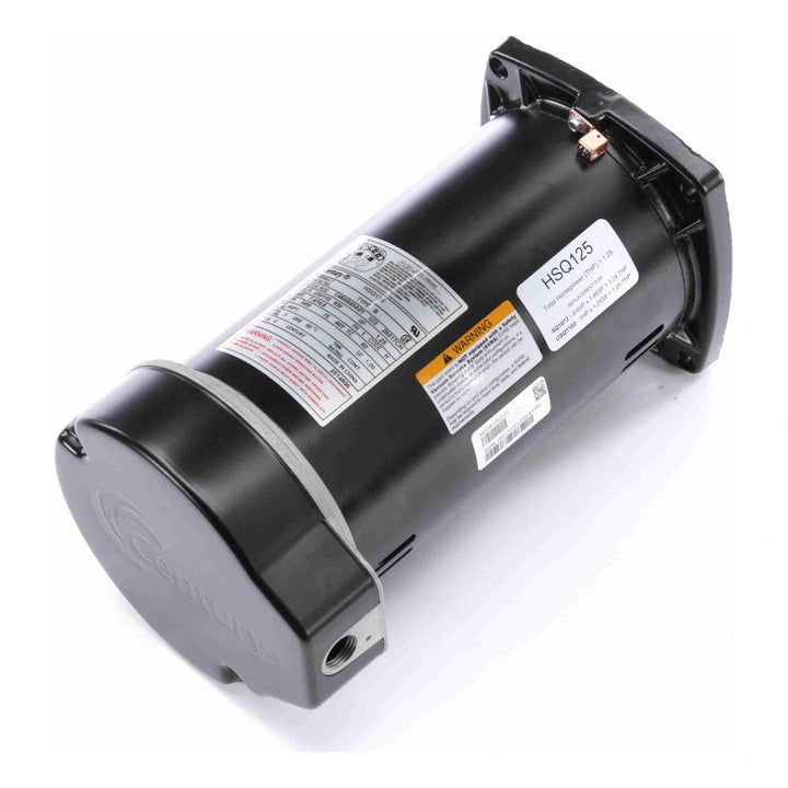black cylindrical pool pump motor with square flange mounting and attached metal strap with multiple warning and specification labels